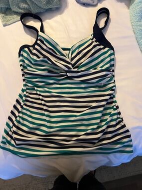 Lands' End Teal, Black & White Striped Swim Camisole